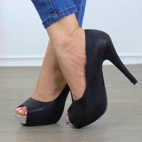 Sexy Black Metallic Peep Toe Platform High Heels - Picture 9 of 10
